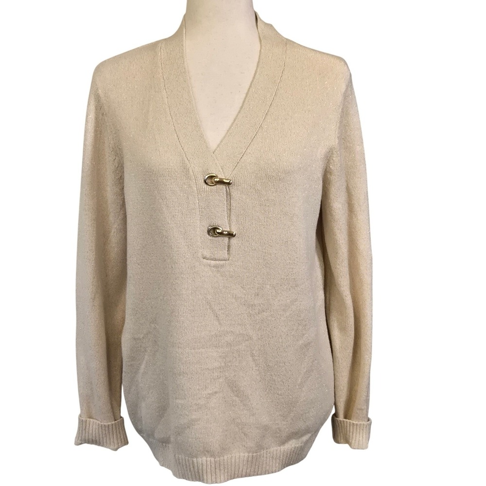 New Charter Club Womens‎ M Beige Metalic Thread Elegant Sweater Quiet Luxury - Picture 9 of 9